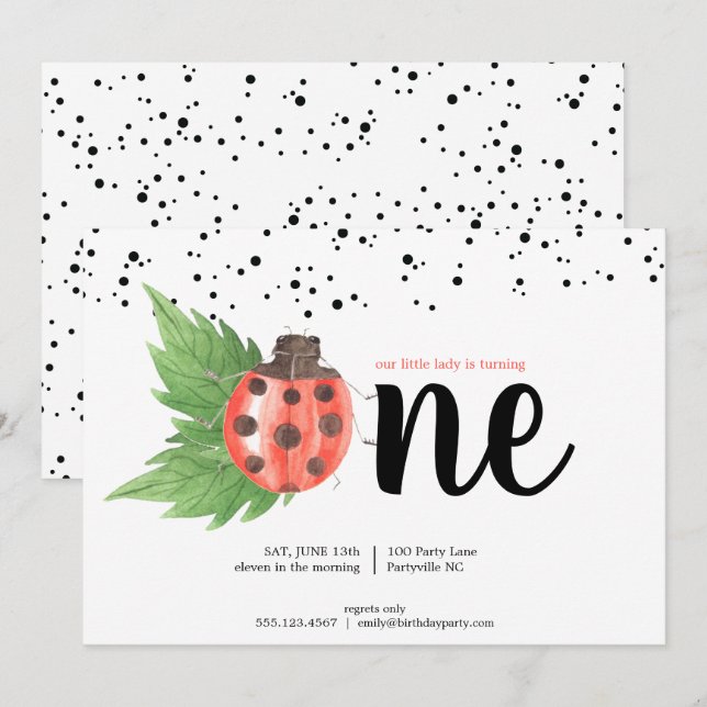 Cute Watercolor Ladybug Första födelsedag Inbjudningar (Fram/baksida)