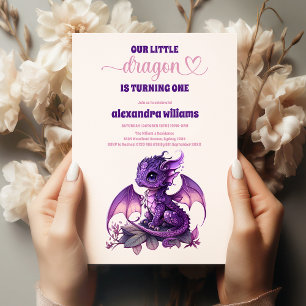 Cute Watercolor Lila Dragon 1:a födelsedagen Inbjudningar
