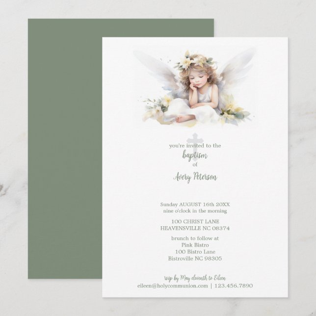 Cute Watercolor Little Girl Angel Kor Baptism Inbjudningar (Fram/baksida)