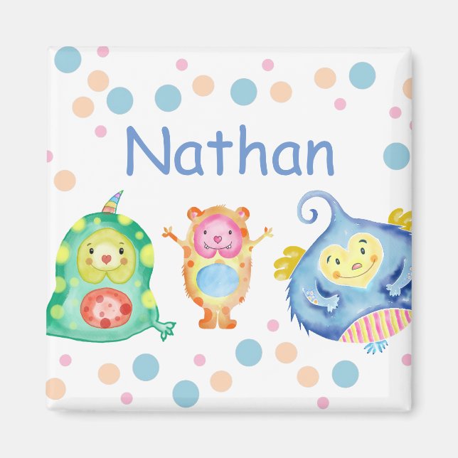 Cute Watercolor Little Monsters Personlig Magnet (Framsidan)