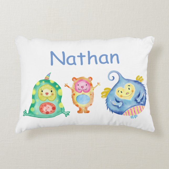 Cute Watercolor Little Monsters Personlig Prydnadskudde (Framsidan)