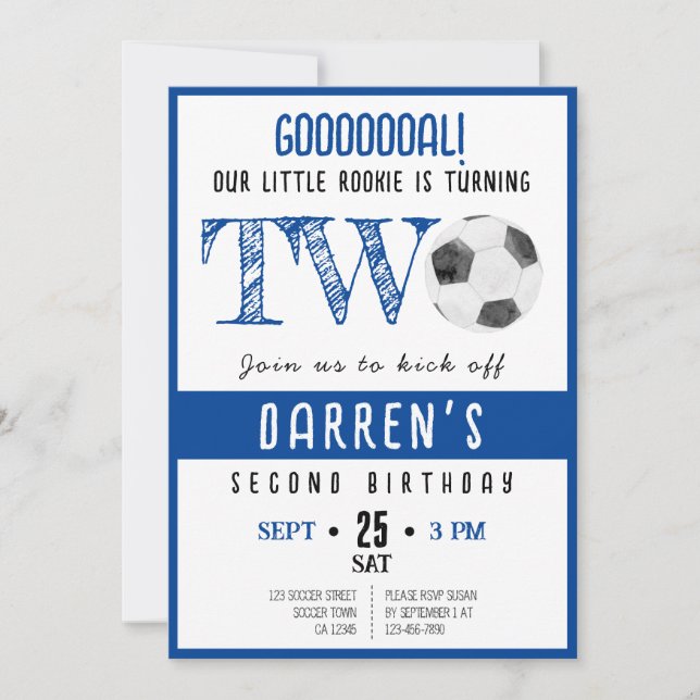 Cute Watercolor Little Rookie Soccer 2:a födelseda Inbjudningar (Framsida)