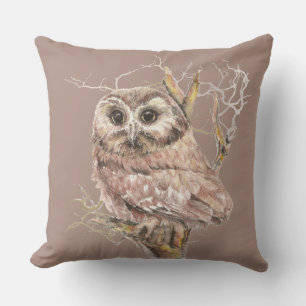 Cute Watercolor Little Uggla Bird Nature Art Utomhuskudde