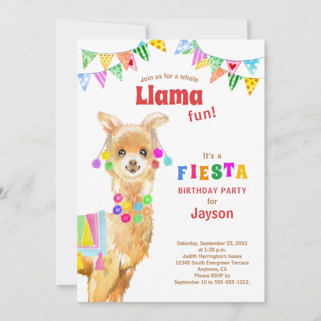 Cute Watercolor Llama Birthday Fiesta Inbjudningar (Framsida)