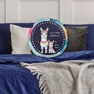 Cute Watercolor Llama Mamma mexican Baby Shower Rund Kudde