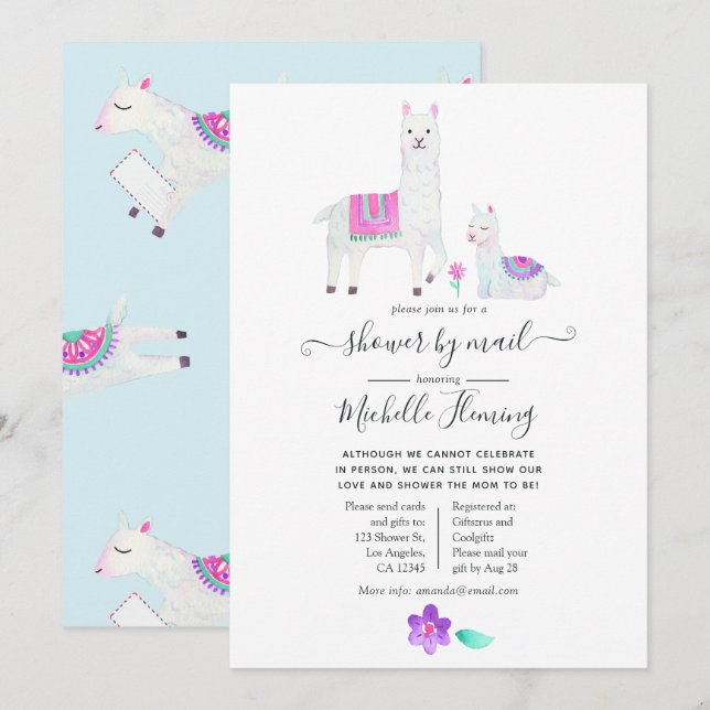 Cute Watercolor Llama thema Baby Shower by Mail Inbjudningar (Fram/baksida)