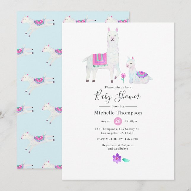 Cute Watercolor Llama thema Baby Shower Inbjudningar (Fram/baksida)
