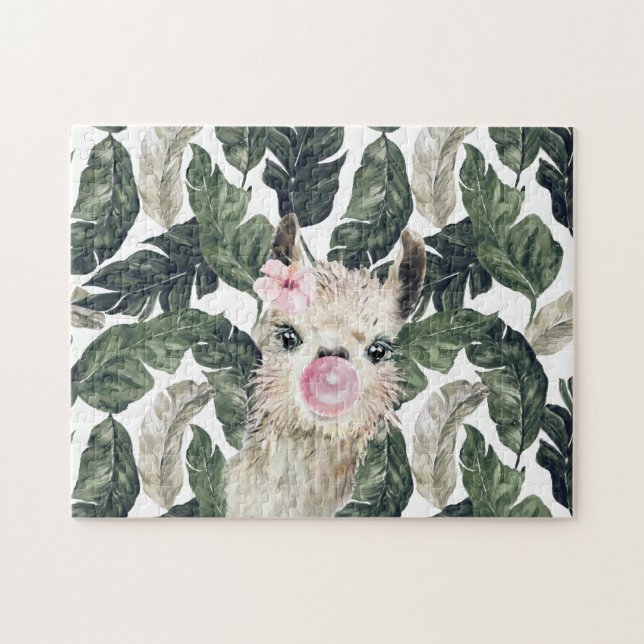 Cute Watercolor Llama | Tropiska Monstera Pussel (Horisontell)