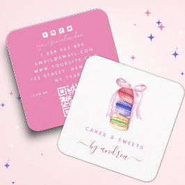 Cute Watercolor Macarons & Rosa Ribbon QR Code Squ Fyrkantigt Visitkort