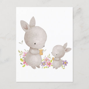 Cute Watercolor Mamma och Baby Bunnies Vykort