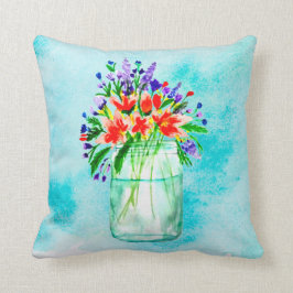 Cute Watercolor Mason Burk Peach Lila blommor Kudde
