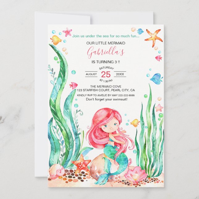 Cute Watercolor Mermaid Under the Sea Birthday Inv Inbjudningar (Framsida)