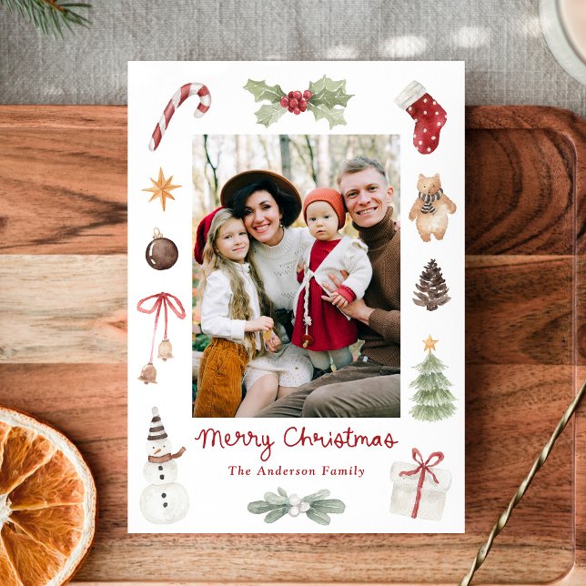 Cute Watercolor Merry Christmas Family Photo Julkort (Skapare uppladdad)