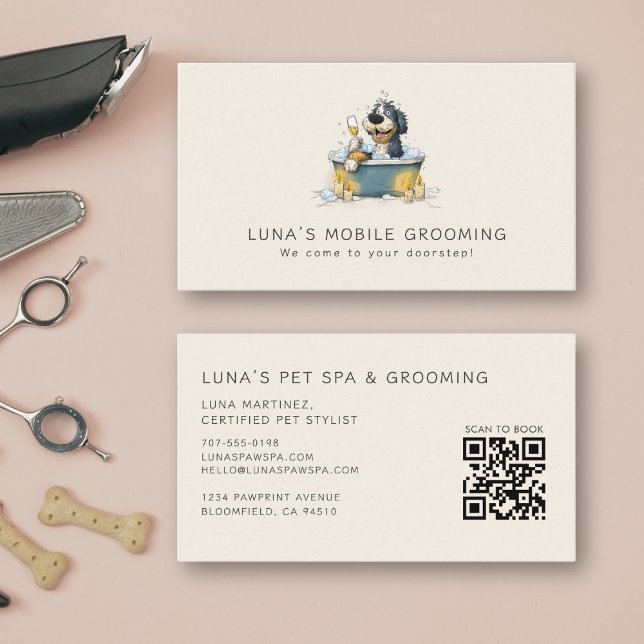 Cute Watercolor Modern Pet Business Dog Groomer  Visitkort (Soft cream tones, modern layout, warm feel. Easily personalize with your information.)