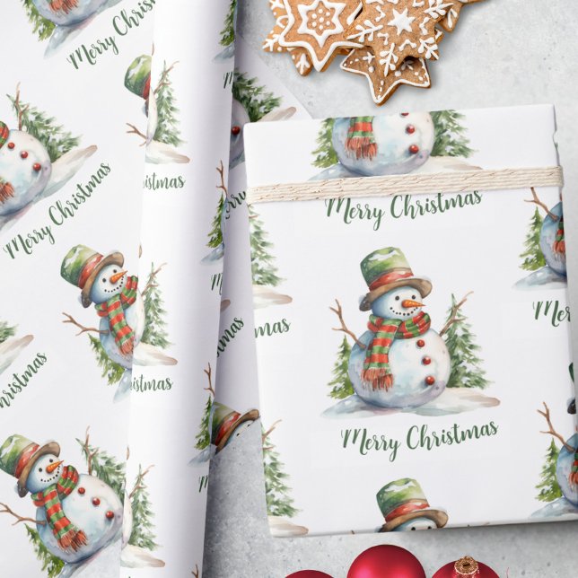 Cute Watercolor Modern Red Grönt Snögubbe jul Presentpapper (Skapare uppladdad)