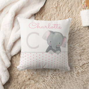 Cute Watercolor Monogram Elephant Flicka Kudde