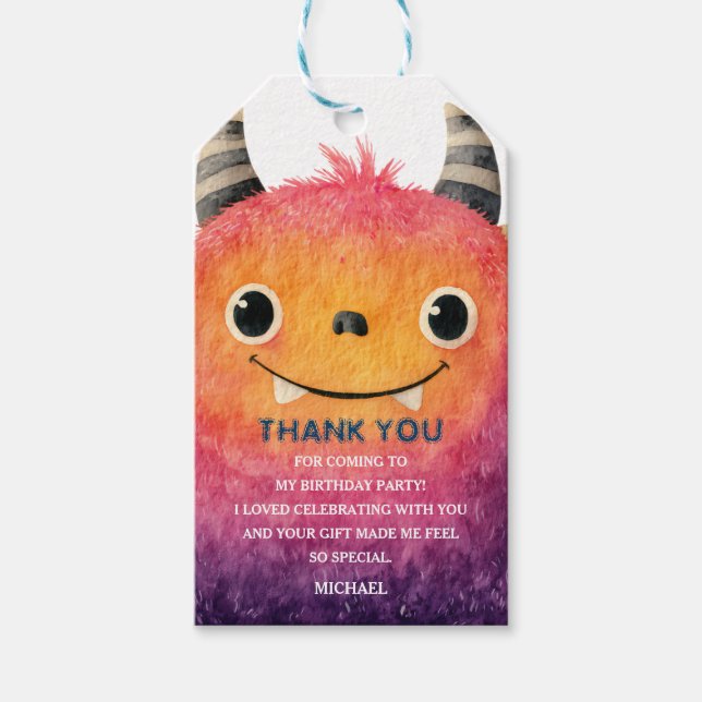 Cute Watercolor Monster Kids' Birthday Tack Presentetikett (Framsidan)