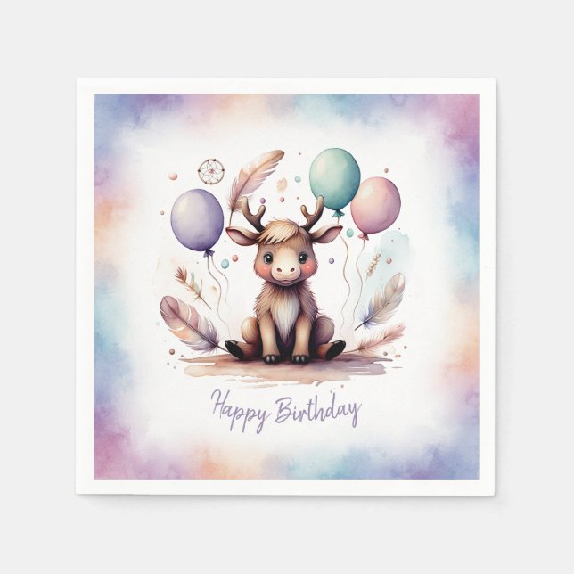 Cute Watercolor Moose with Balloons Birthday  Pappersservett (Framsidan)