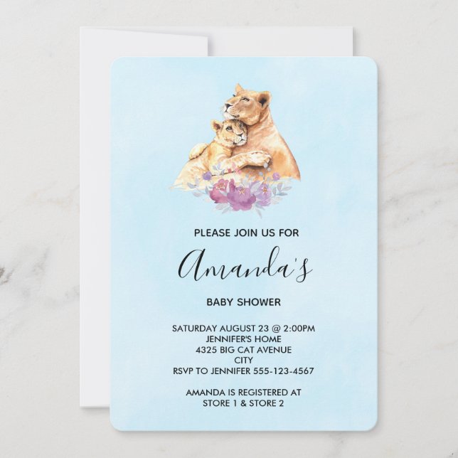 Cute Watercolor Mor Lejon & Unge Baby Shower Inbjudningar (Framsida)
