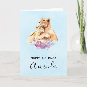 Cute Watercolor Mor Lejonare och Unge födelsedagen Kort