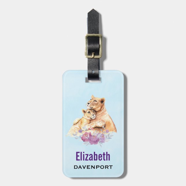 Cute Watercolor Mor Lejont och Unge Bagagebricka (Vertikal Framsida)