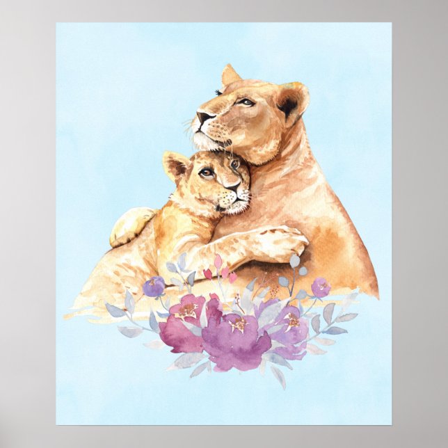 Cute Watercolor Mor Lejont och Unge Poster (Framsidan)