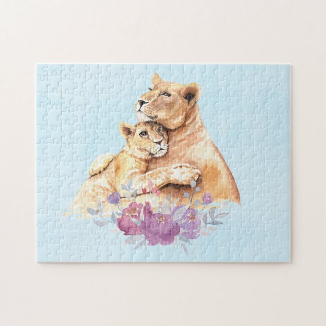 Cute Watercolor Mor Lejont och Unge Pussel (Horisontell)