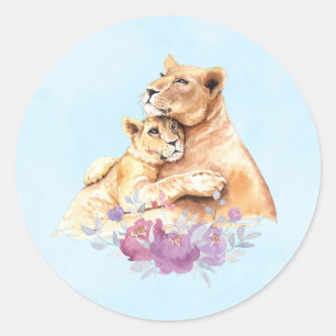 Cute Watercolor Mor Lejont och Unge Runt Klistermärke