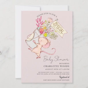 Cute Watercolor Mouse Girl Rosa Baby Shower Inbjudningar