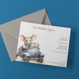 Cute Watercolor Mouse in Blue Barn Födelsedagsfest Inbjudningar
