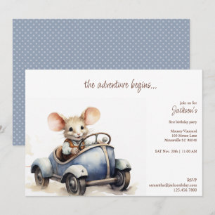 Cute Watercolor Mouse in Blue Barn Födelsedagsfest Inbjudningar