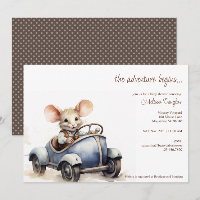 Cute Watercolor Mouse in Blue Car Baby Shower Inbjudningar (Fram/baksida)