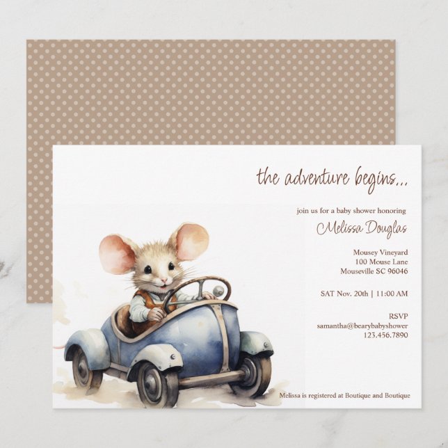 Cute Watercolor Mouse in Blue Car Baby Shower Inbjudningar (Fram/baksida)