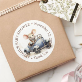 Cute Watercolor Mouse in Blue Car Baby Shower Runt Klistermärke