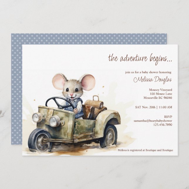 Cute Watercolor Mouse in Grönt Car Baby Shower Inbjudningar (Fram/baksida)