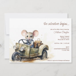 Cute Watercolor Mouse in Grönt Car Baby Shower Inbjudningar