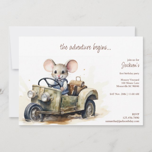 Cute Watercolor Mouse in Grönt Car Barn Birday Inbjudningar (Framsida)