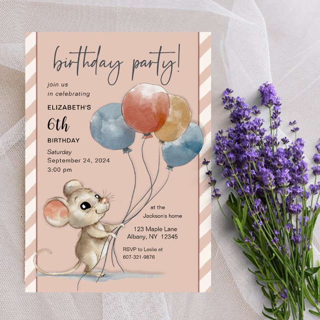 Cute Watercolor Mouse med bubblor på födelsedagen Inbjudningar (Skapare uppladdad)