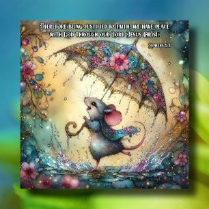 Cute Watercolor Mouse Rain Parbrella Påsk Julkort