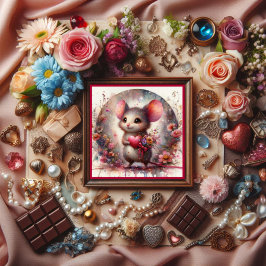 Cute Watercolor Mouse Red Heart Blommigt Valentine Julkort