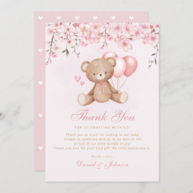 Cute Watercolor Nalle Baby Shower Tack Inbjudningar (Fram/baksida)