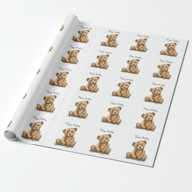 Cute Watercolor Nalle Birthday Presentpapper (Utrullad)