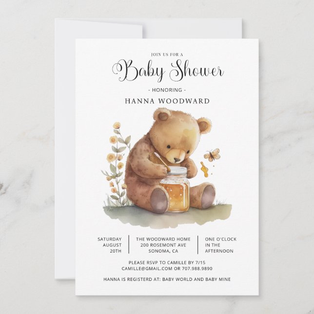 Cute Watercolor Nalle honey Pot Baby Shower Inbjudningar (Framsida)