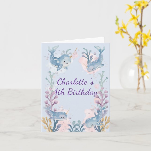 Cute Watercolor Narwhal Whale fish Seamless Sea  Kort (Gul blomma)