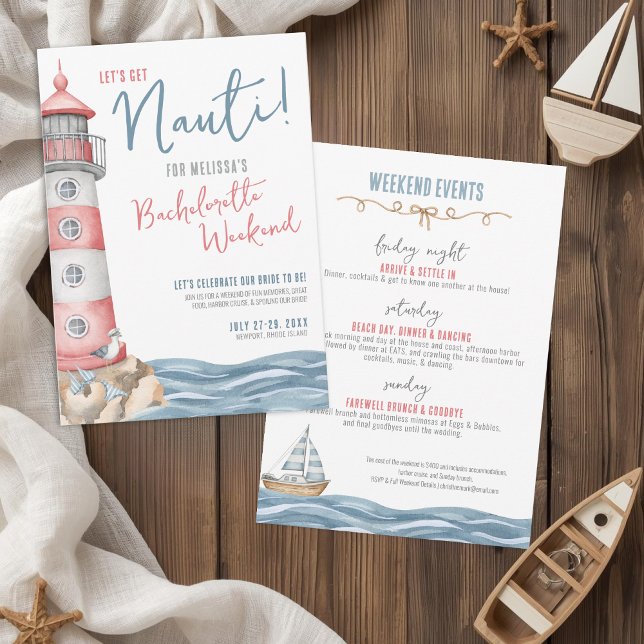 Cute Watercolor Nautical Bachelorette Party Inbjudningar (Let's Get Nauti Nautical Bachelorette Party Invitation)