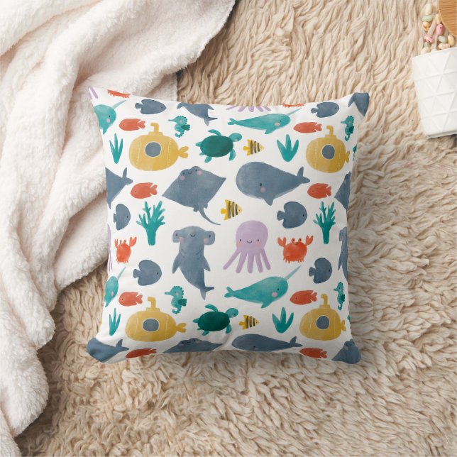 Cute Watercolor Ocean Animals Mönster Kudde (Filt)