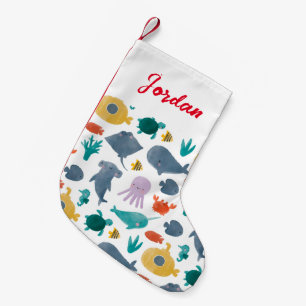 Cute Watercolor Ocean Animals Mönster Liten Julstrumpa