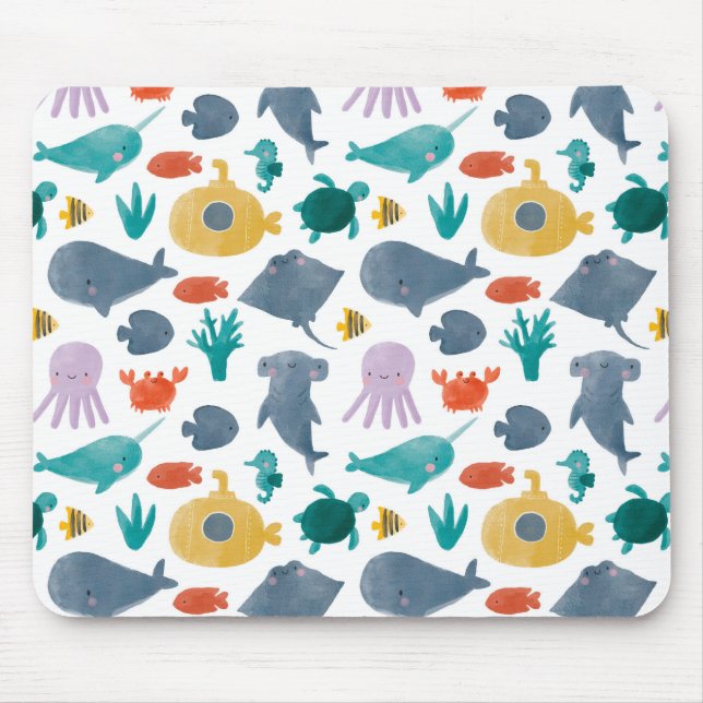 Cute Watercolor Ocean Animals Mönster Musmatta (Framsidan)