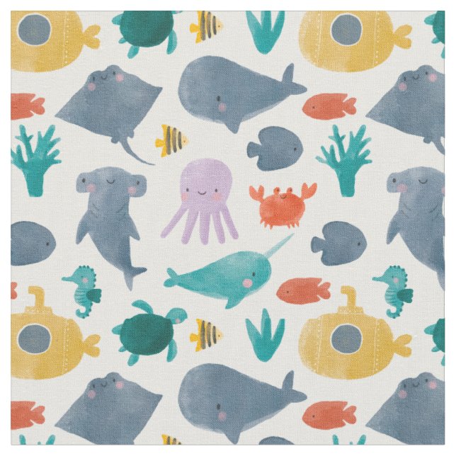 Cute Watercolor Ocean Animals Mönster Tyg (Närbild)