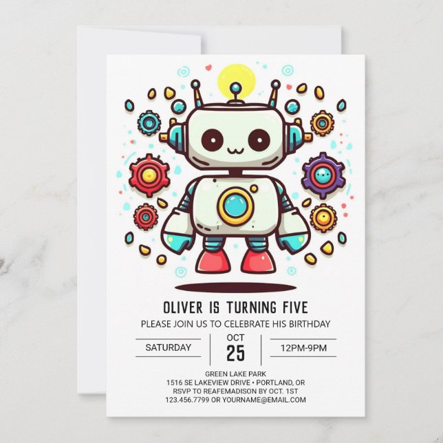 Cute Watercolor Online Robot Birthday Inbjudningar (Framsida)
